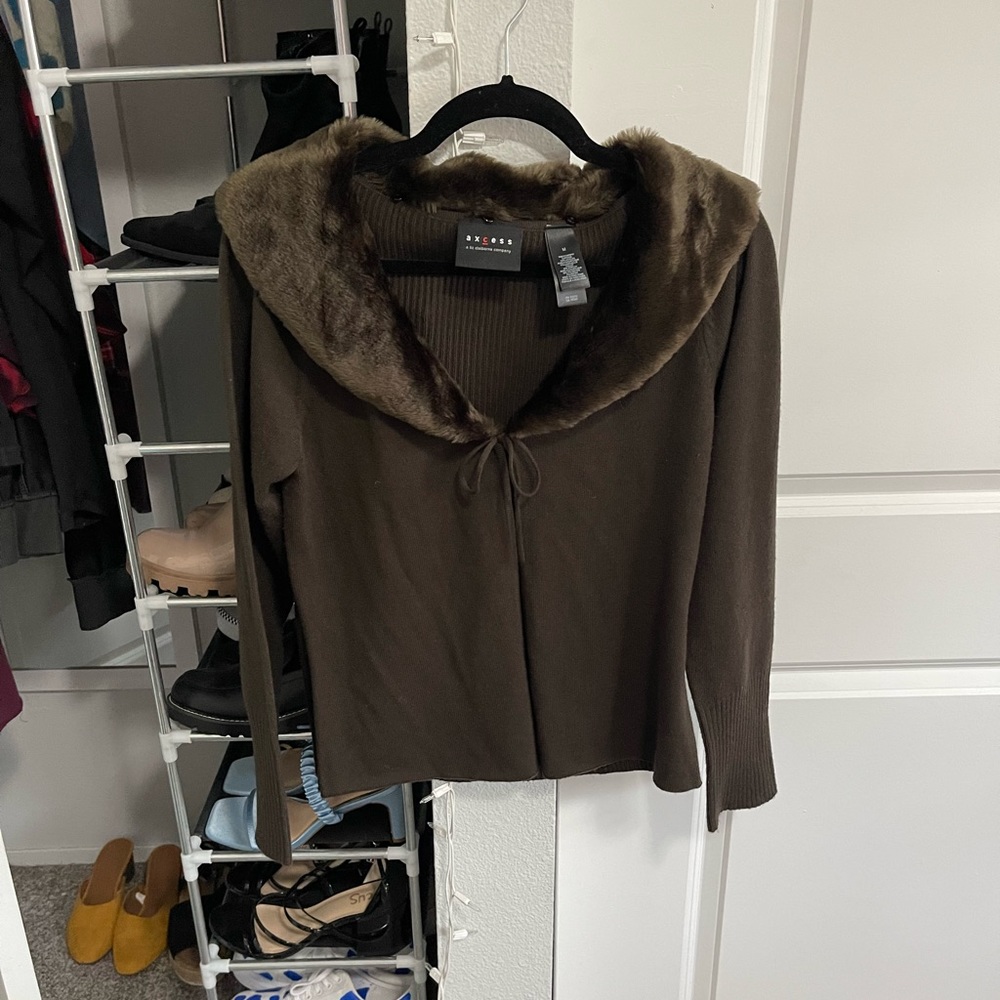 Brown Sweater Cardigan with Faux Fur Collar